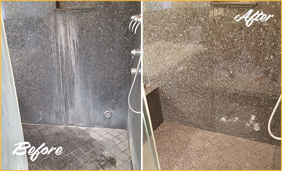 Before and After Picture of a Strabane Granite Shower Cleaned to Remove Mineral Deposits