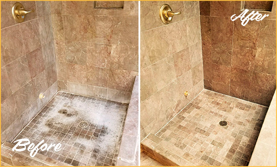 Before and After Picture of a Oakdale Travertine Shower Cleaned to Eliminate Water Spots