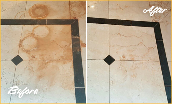 Before and After Picture of a Natrona Heights Marble Floor Cleaned to Eliminate Rust Stains