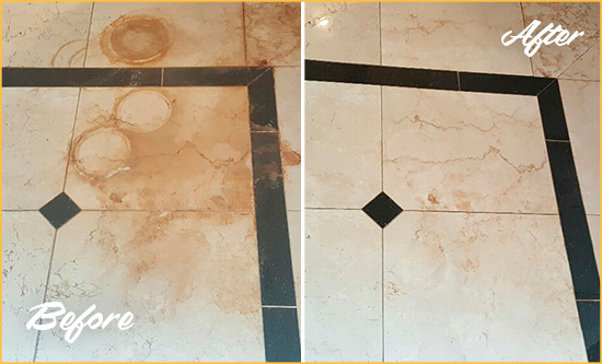 Before and After Picture of a Coraopolis Marble Floor Cleaned to Eliminate Rust Stains