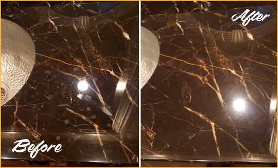 Before and After Picture of a Bradford Woods Marble Countertop Cleaned to Remove Water Spots