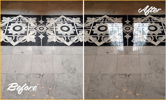Before and After Picture of a Glenshaw Marble Stone Sealed to Recover Its Sheen