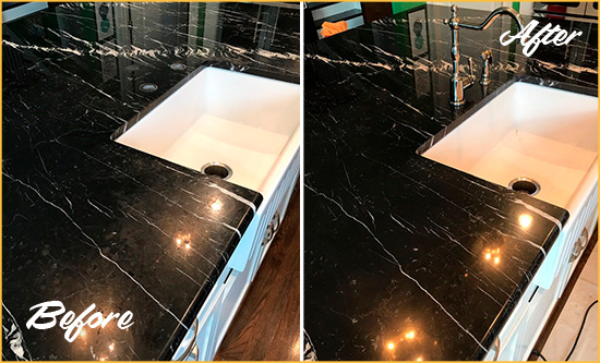 Before and After Picture of a Clairton Marble Kitchen Countertop Stone Sealed to Avoid Water Damage