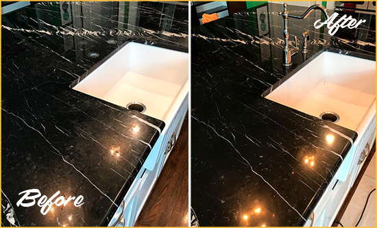 Before and After Picture of a Allegheny Marble Kitchen Countertop Stone Sealed to Avoid Water Damage