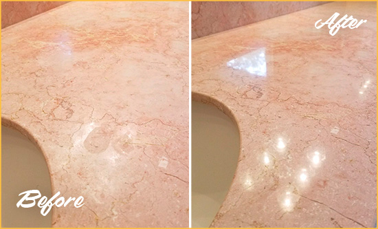 Before and After Picture of a Lower Glenshaw Marble Stone Vanity Top Sealed to Avoid Water Marks