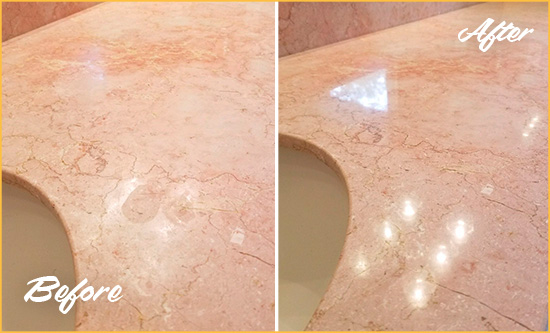 Before and After Picture of a Mount Lebanon Marble Stone Vanity Top Sealed to Avoid Water Marks