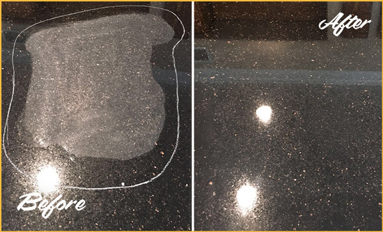 Before and After Picture of a Emsworth Granite Kitchen Countertop Honed to Eliminate Scratch