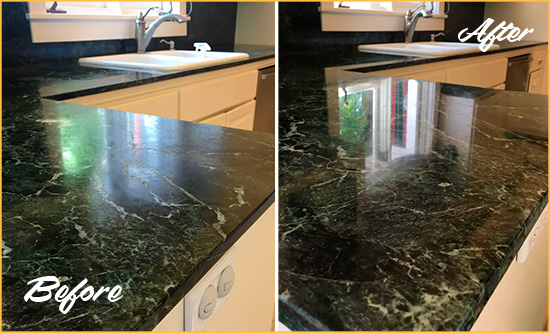 Before and After Picture of a McKnight Marble Kitchen Countertop Honed to Remove Water Marks