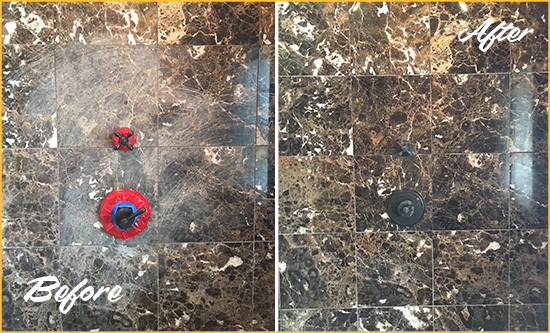 Before and After Picture of a Presto Marble Shower Honed to Remove Scratches