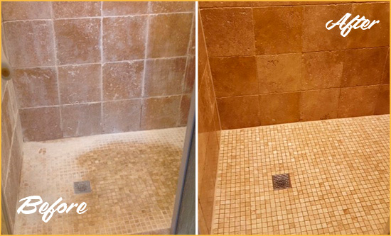 Before and After Picture of a Cheswick Travertine Shower Honed to Remove Mineral Deposits