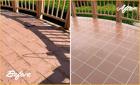 Before and After Picture of a Noblestown Hard Surface Restoration Service on a Tiled Deck