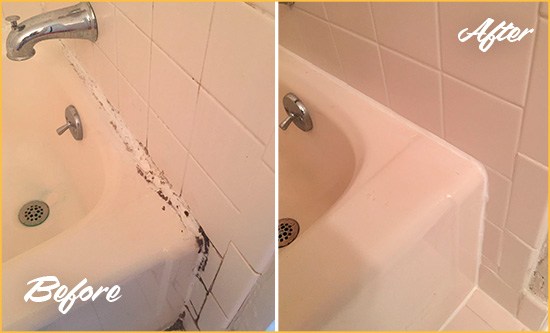 Before and After Picture of a Murrysville Hard Surface Restoration Service on a Tile Shower to Repair Damaged Caulking
