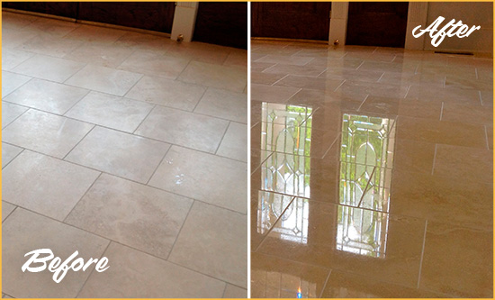Before and After Picture of a West View Hard Surface Restoration Service on a Dull Travertine Floor Polished to Recover Its Splendor