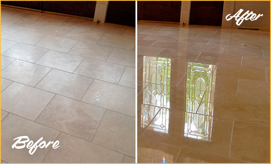 Before and After Picture of a Emsworth Hard Surface Restoration Service on a Dull Travertine Floor Polished to Recover Its Splendor