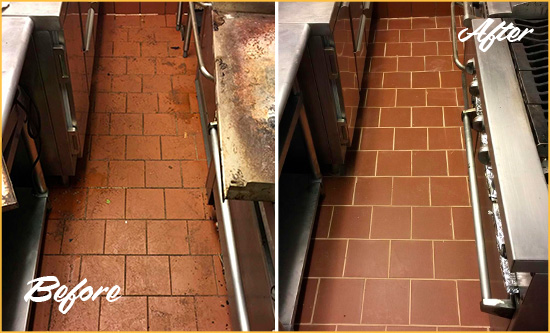 Before and After Picture of a Bairdford Hard Surface Restoration Service on a Restaurant Kitchen Floor to Eliminate Soil and Grease Build-Up