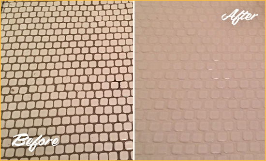 Before and After Picture of a Squirrel Hill Hard Surface Restoration Service on a Bathroom Tile Floor Recolored to Fix Grout Color