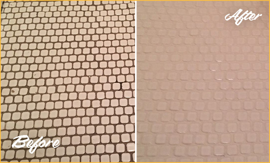 Before and After Picture of a Lawrenceville Hard Surface Restoration Service on a Bathroom Tile Floor Recolored to Fix Grout Color