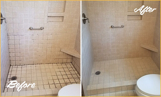 Before and After Picture of a Bradford Woods Shower Grout Cleaned to Remove Mold