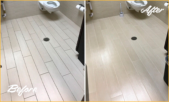 Before and After Picture of a Bairdford Office Restroom's Grout Cleaned to Remove Dirt