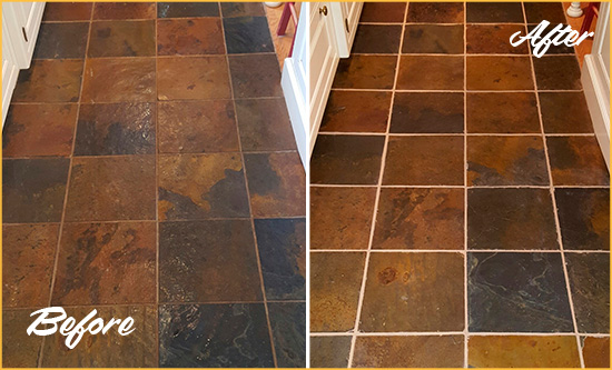 Before and After Picture of Millvale Slate Floor Grout Cleaned to Remove Dirt