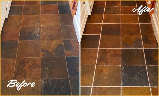 Before and After Picture of Bairdford Slate Floor Grout Cleaned to Remove Dirt