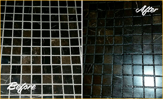 Before and After Picture of a Mars Black Floor with Recolored Grout