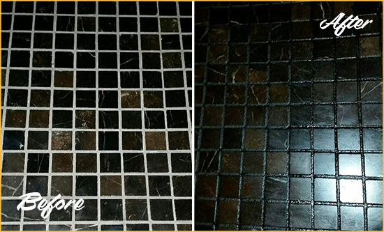 Before and After Picture of a Indianola Black Floor with Recolored Grout