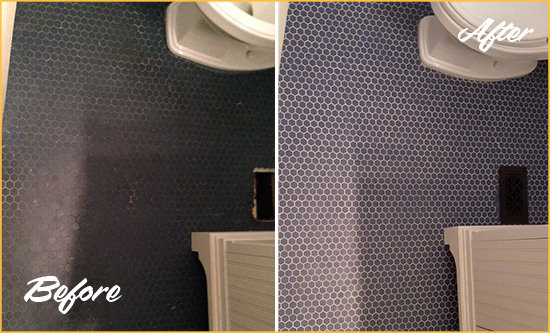 Before and After Picture of a Glenwillard Blue Tile Floor Recolored Grout