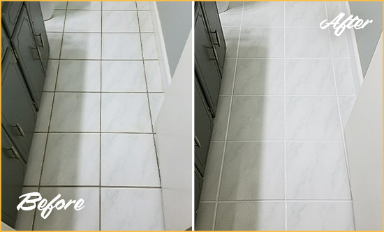 Before and After Picture of a Crescent White Ceramic Tile with Recolored Grout