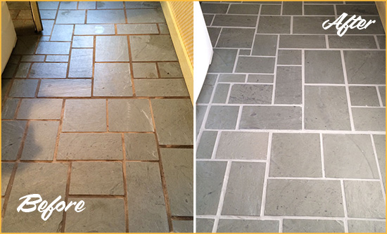 Before and After Picture of Damaged Sewickley Slate Floor with Sealed Grout