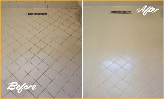 Before and After Picture of a Oakmont White Bathroom Floor Grout Sealed for Extra Protection