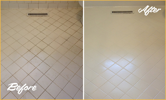 Before and After Picture of a Emsworth White Bathroom Floor Grout Sealed for Extra Protection