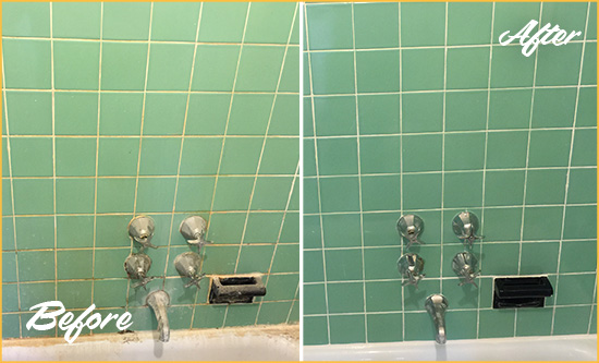 Before and After Picture of a Bairdford Bath Tub Grout Sealed to Avoid Water Damage