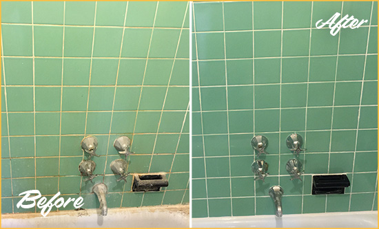 Before and After Picture of a Allegheny Bath Tub Grout Sealed to Avoid Water Damage