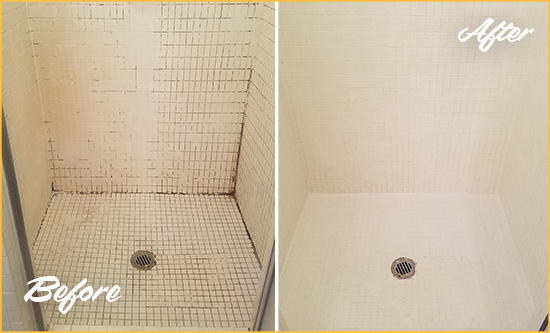 Before and After Picture of a McKnight Bathroom Grout Sealed to Remove Mold