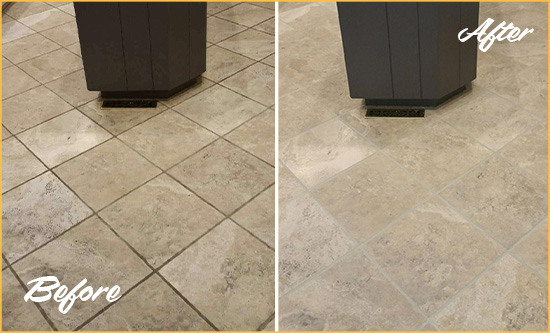 Before and After Picture of a Imperial Kitchen Floor Grout Sealed to Remove Stains