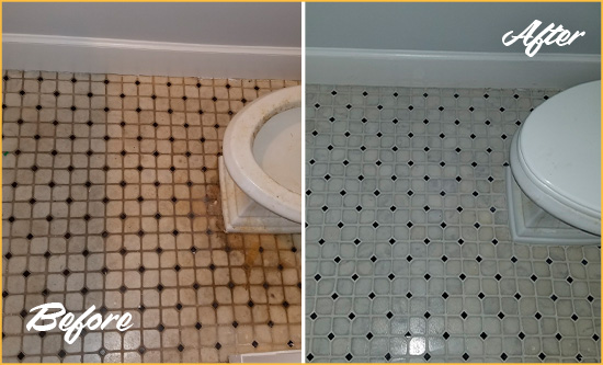 Before and After Picture of a Observatory Bathroom Floor Cleaned to Remove Embedded Dirt