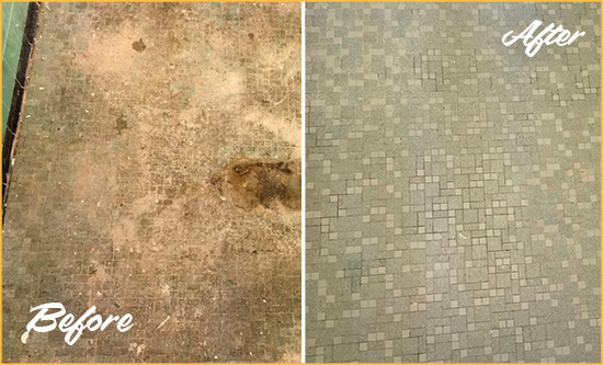 Before and After Picture of a Wexford Mosaic Shower Cleaned to Eliminate Embedded Dirt