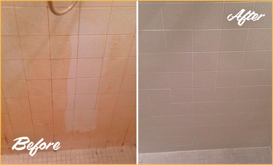 Before and After Picture of a Brackenridge Porcelaine Shower Cleaned to Remove Soap Scum