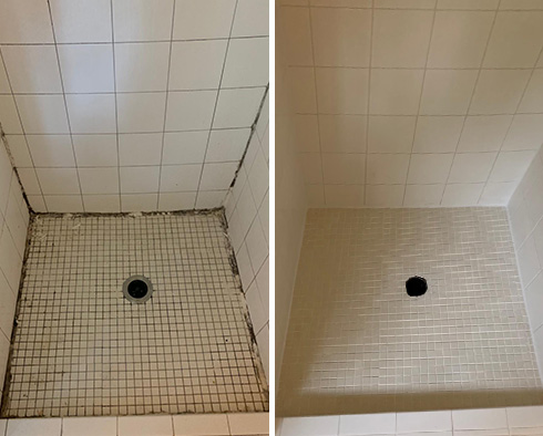 Shower Floor Before and After Our Tile And Grout Cleaners Job