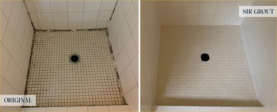 Shower Floor Before and After Our Tile And Grout Cleaners Job