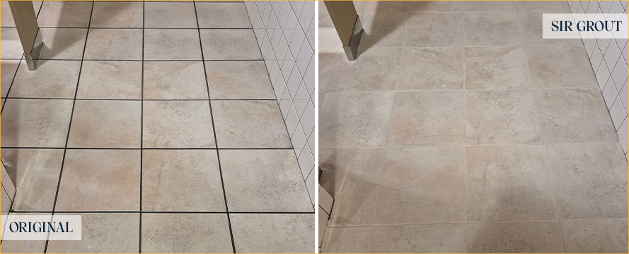 Restroom Floor Before and After a Grout Cleaning in Pittsburgh