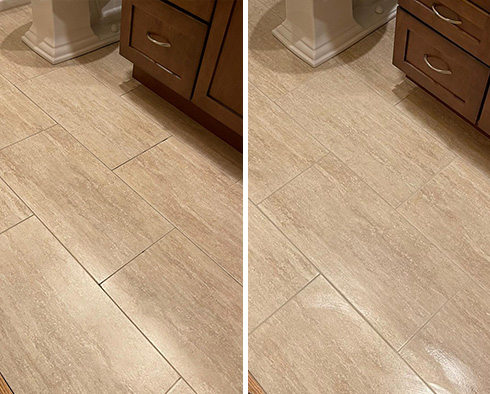Porcelain Tile Floor Before and After a Grout Cleaning in Butler