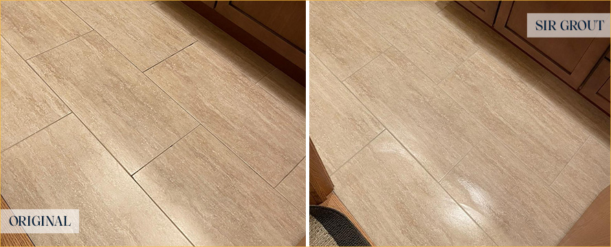 Porcelain Tile Floor Before and After a Grout Cleaning in Butler