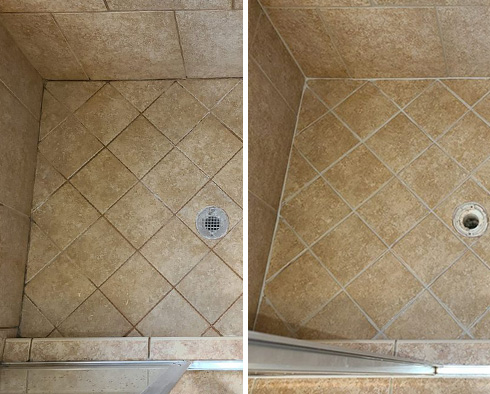 Shower Floor and Seams Before and After a Grout Cleaning in Pittsburgh