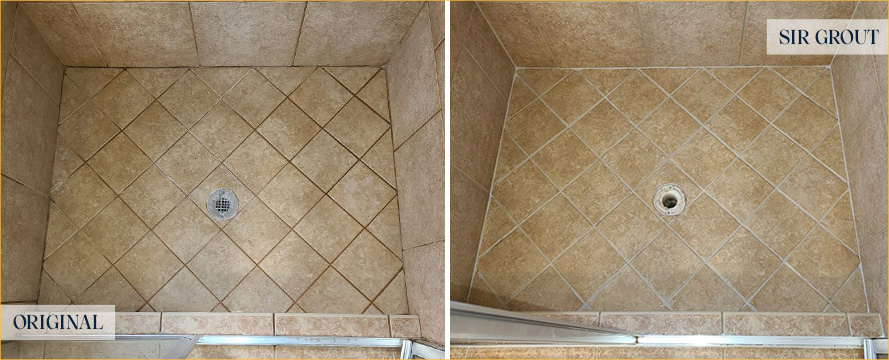 Shower Floor and Seams Before and After a Grout Cleaning in Pittsburgh