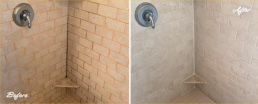 Before and After Image of a Shower After a Successful Grout Sealing in Pittsburgh