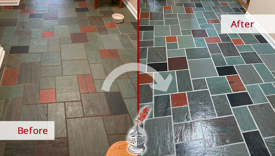 Picture of a Slate Floor Before and After an Outstanding Grout Cleaning in Allegheny
