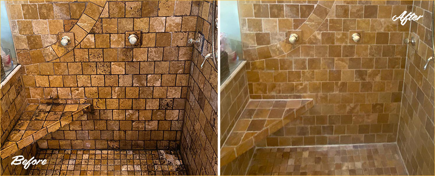 Shower Before and After a Remarkable Stone Cleaning in Pittsburgh, PA