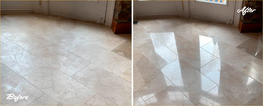 Floor Before and After a Professional Stone Polishing in Pittsburgh, PA 
